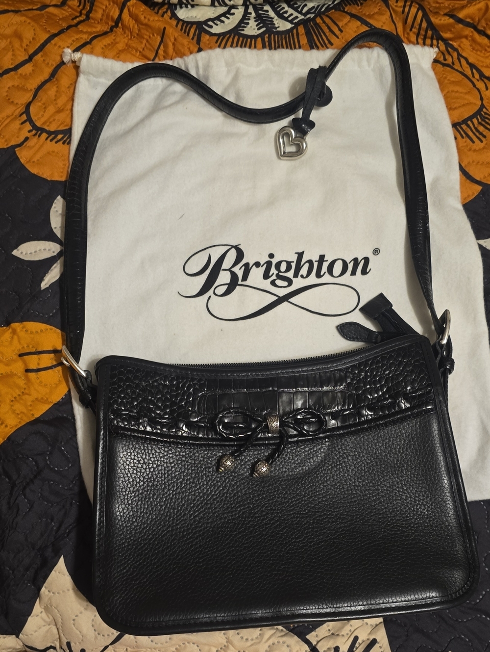 Brighton Black Leather Shoulder Bag with Heart Charm